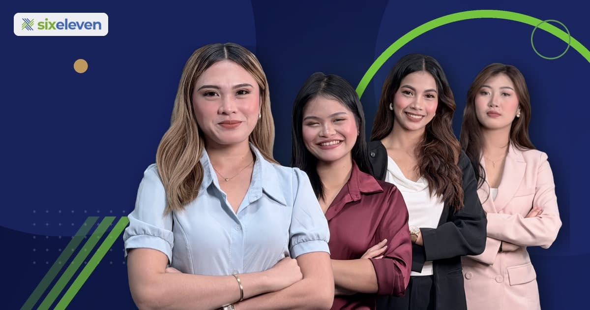 SixEleven team of four smiling professionals with arms crossed on a navy brand background.